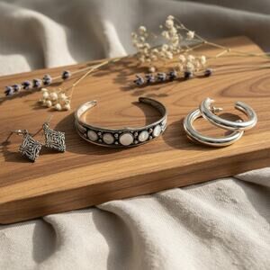 Vintage Thermoset Moonstone Cuff Bracelet Set-Silver Tone-Hoop-Filigree Earrings